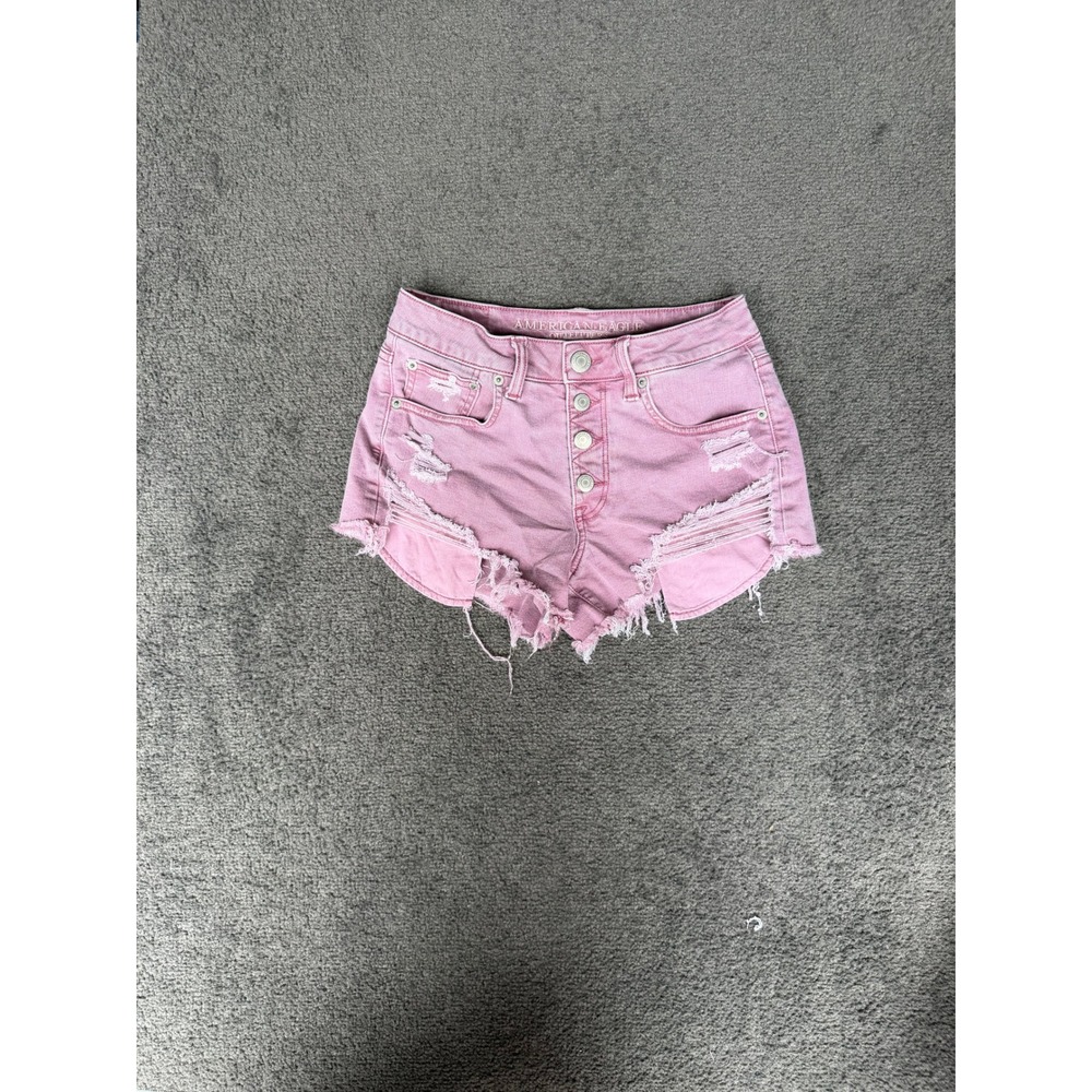 American Eagle Hi-Rise Festival Pink Distressed Denim Shorts Size 2 Button Fly
